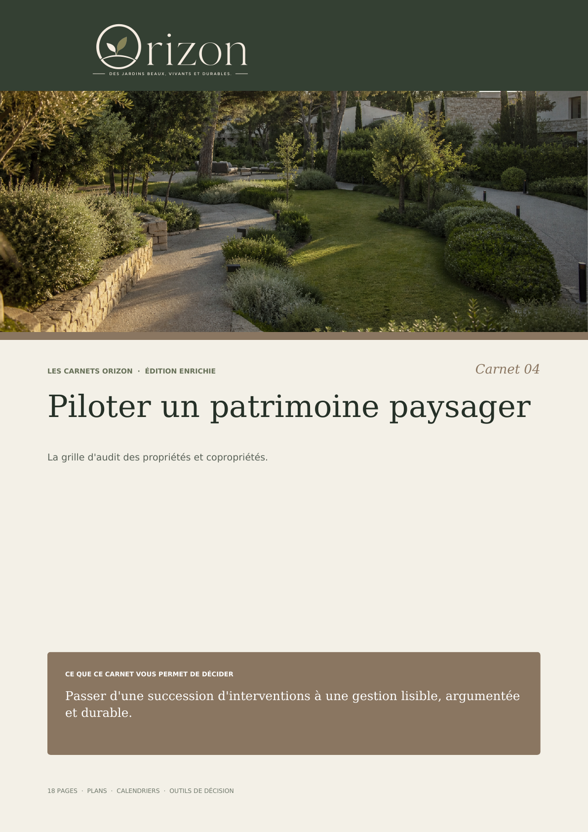 Couverture du carnet Orizon : Piloter un patrimoine paysager