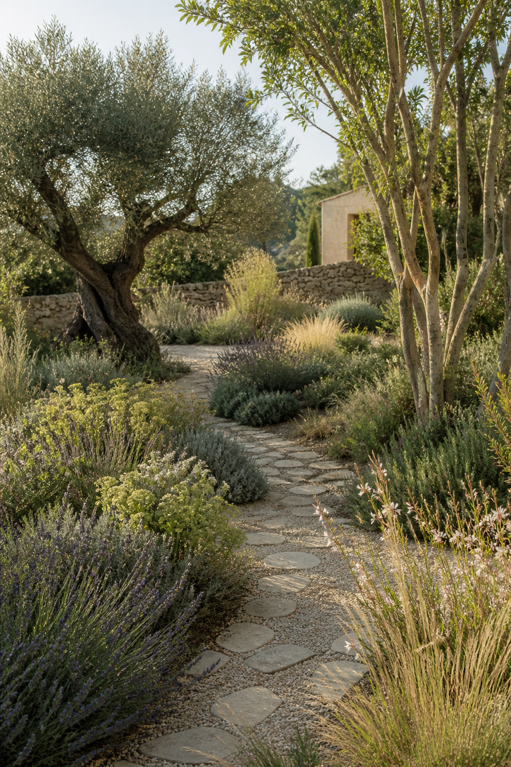 Jardin méditerranéen Orizon, naturel et économe en eau, avec olivier, plantes sobres et chemin de pierre
